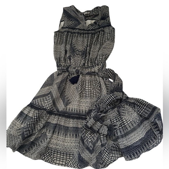 Rebecca Minkoff Nicky dress ruffle bottom sleeveless tassels blue tan print XS - Picture 10 of 13